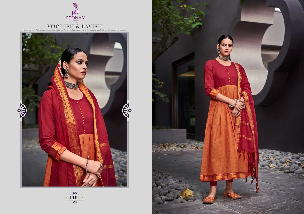 Poonam Handloom Kali Fancy Ethnic Wear Jacquard Anarkali Kurti With Dupatta Collection
